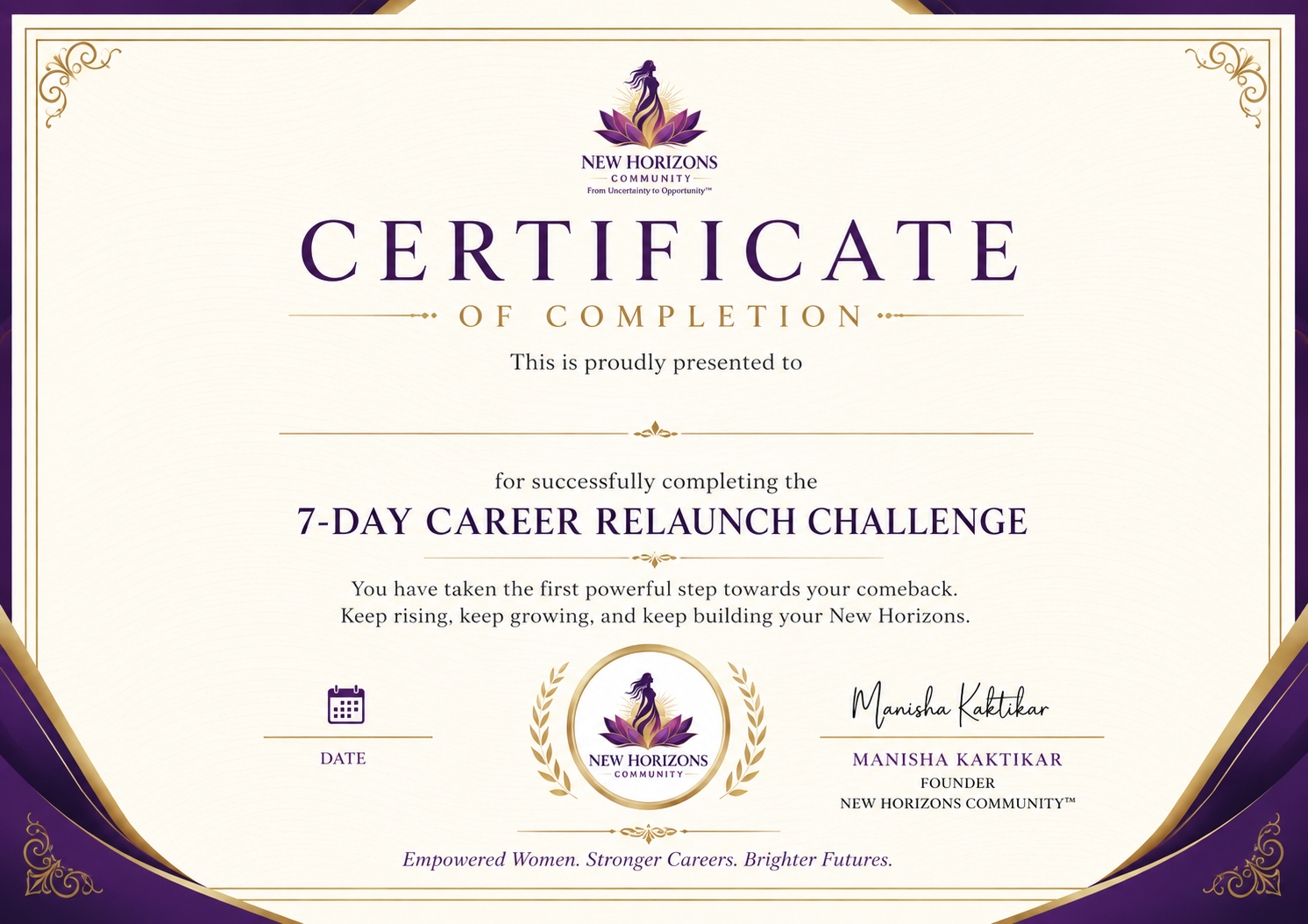 Certificate of Completion — 7-Day Career Relaunch Challenge, New Horizons Community